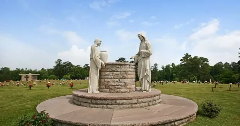 Beautiful memorial gardens and statues at Holly Hill Memorial Park cemetery in Fairburn GA
